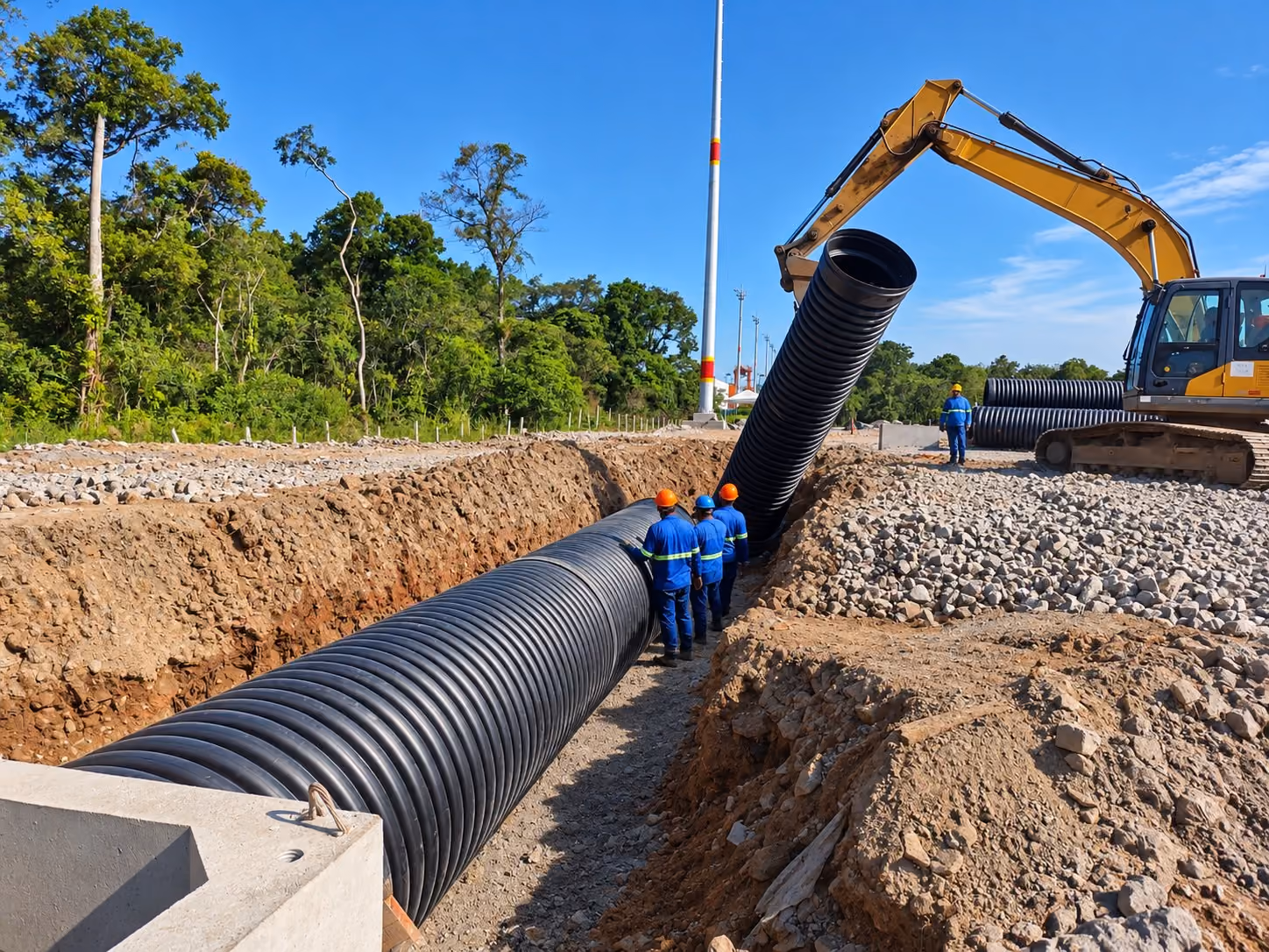 Escavadeira posicionando tubo de drenagem de grande diâmetro - MSE Engenharia