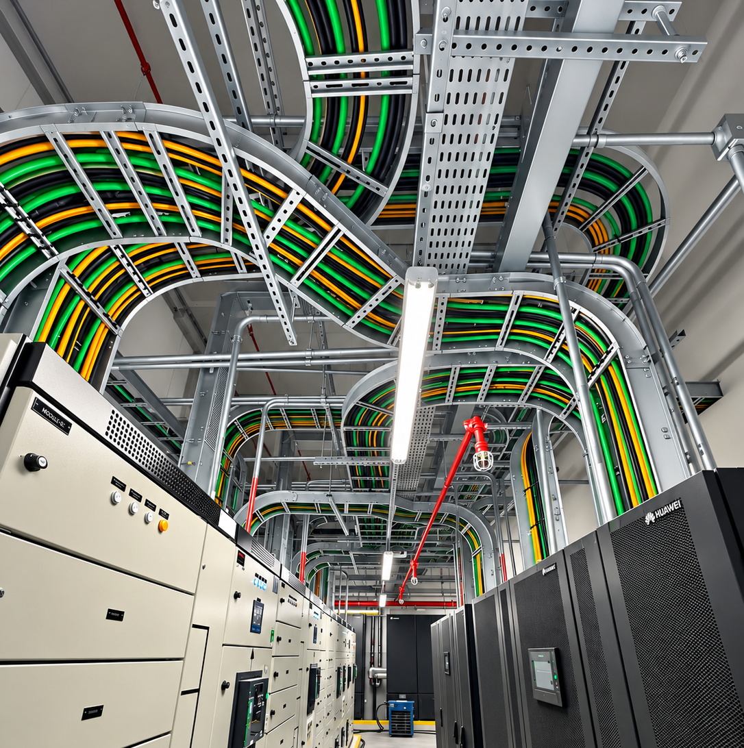 Sala elétrica de data center com painéis de baixa tensão, nobreaks e eletrocalhas