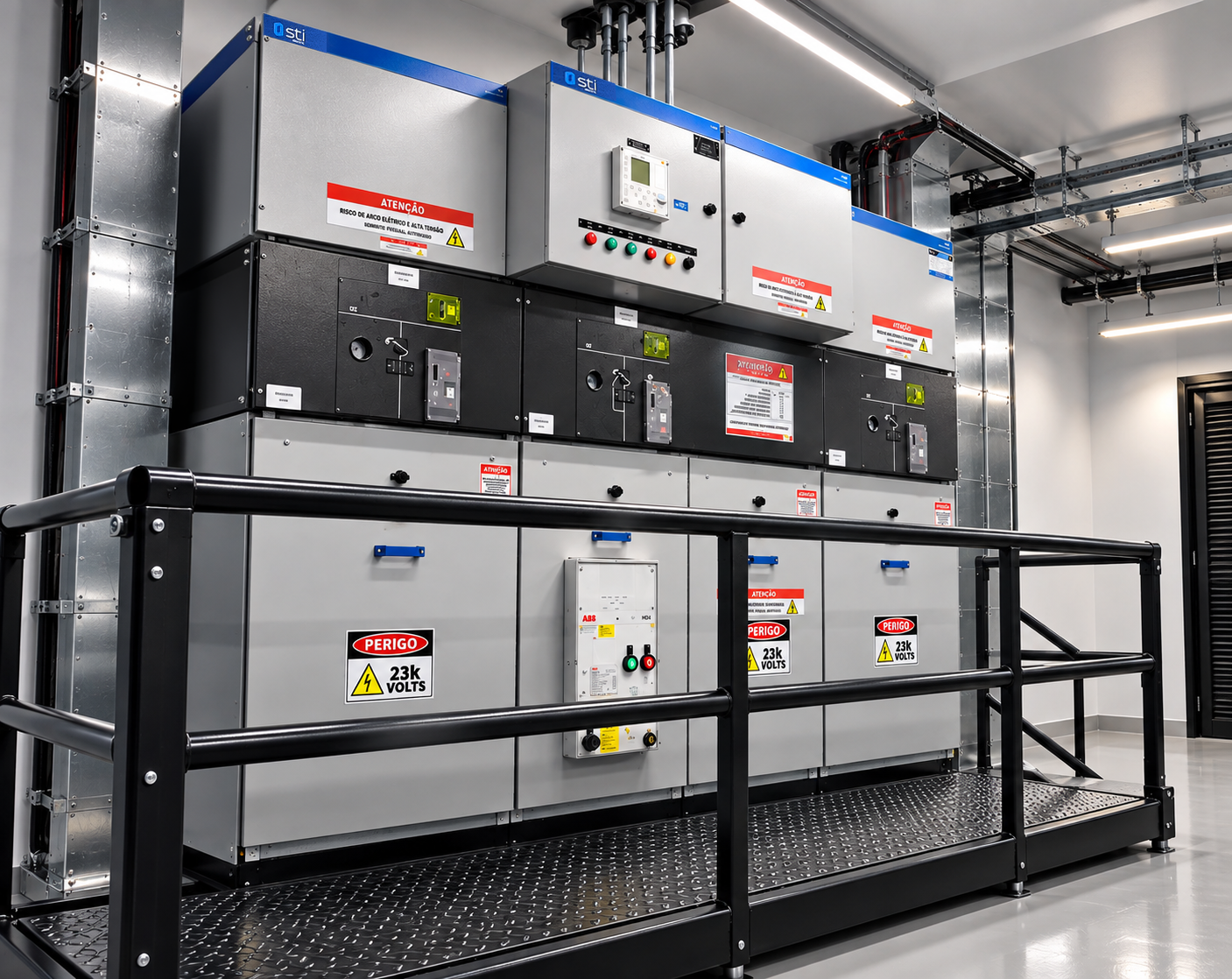 Painéis de média tensão em sala elétrica de data center