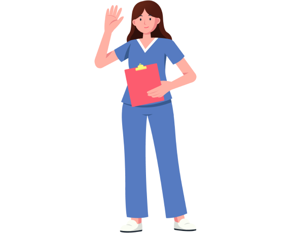 therapists with clipboard is waving at the camera