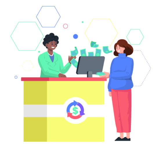 A front-office attendant helping a customer while money flies out of the computer screen.
