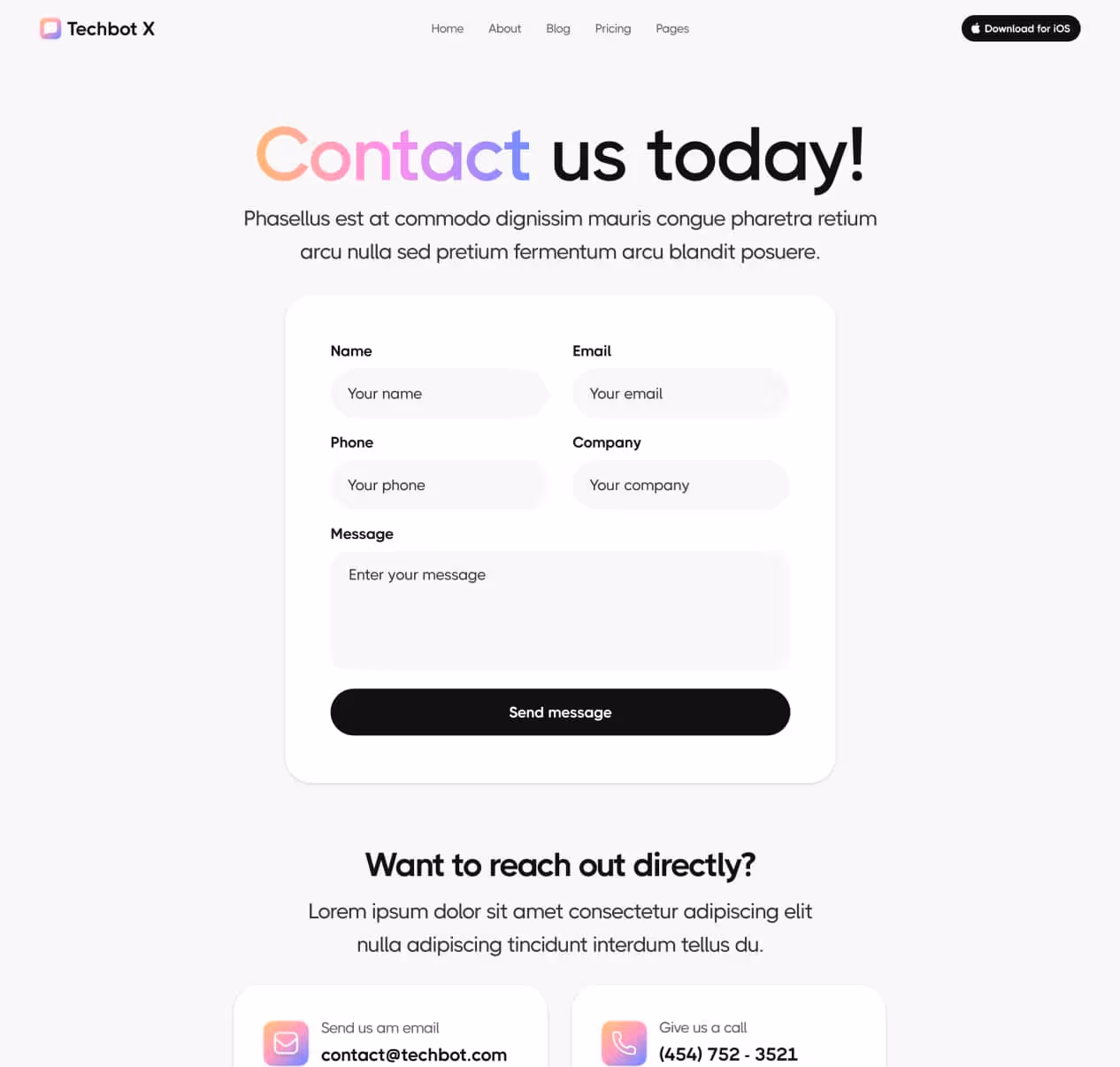 Techbot X - Contact V3 Page - AI App Webflow Template