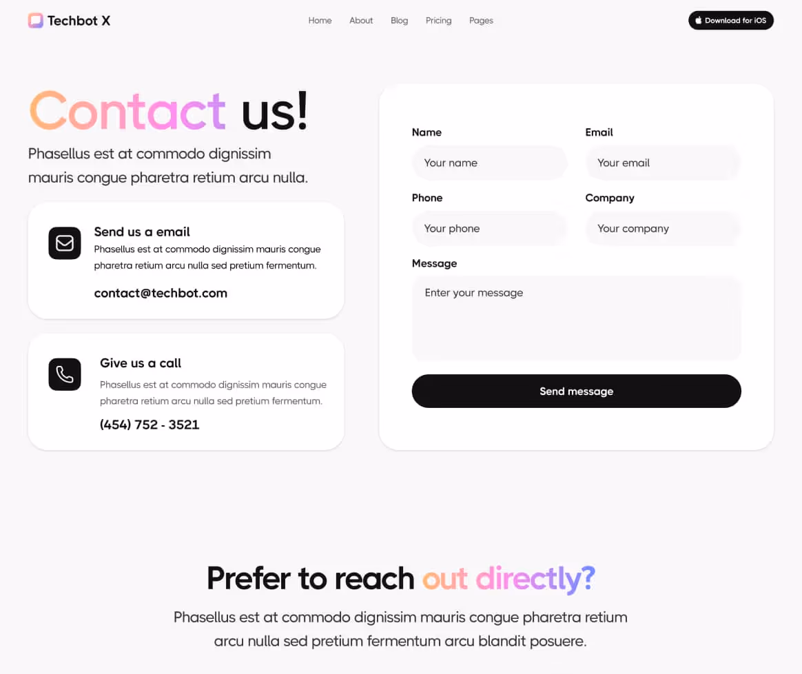 Techbot X - Contact V1 Page - AI App Webflow Template