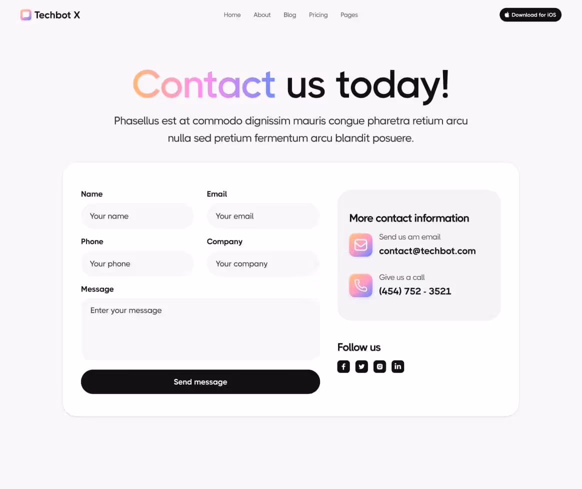 Techbot X - Contact V2 Page - AI App Webflow Template