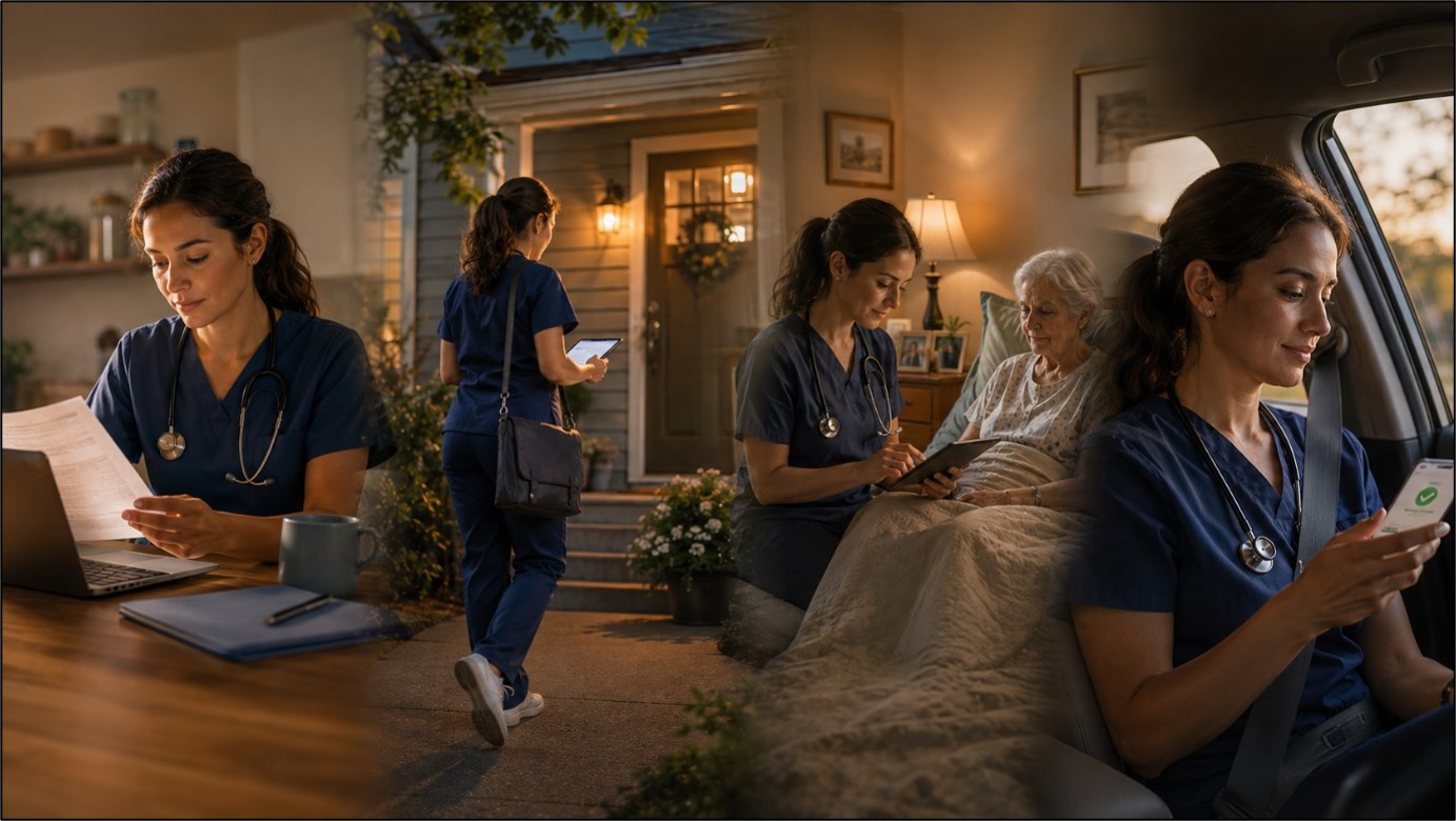 A home health nurse's workflow from referral intake to bedside documentation and billing