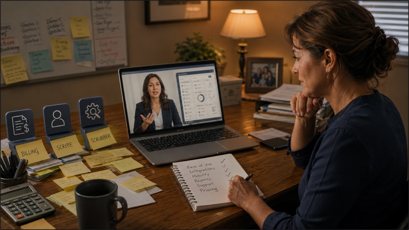 Home health agency leader evaluating an all-in-one EMR system during a vendor demo
