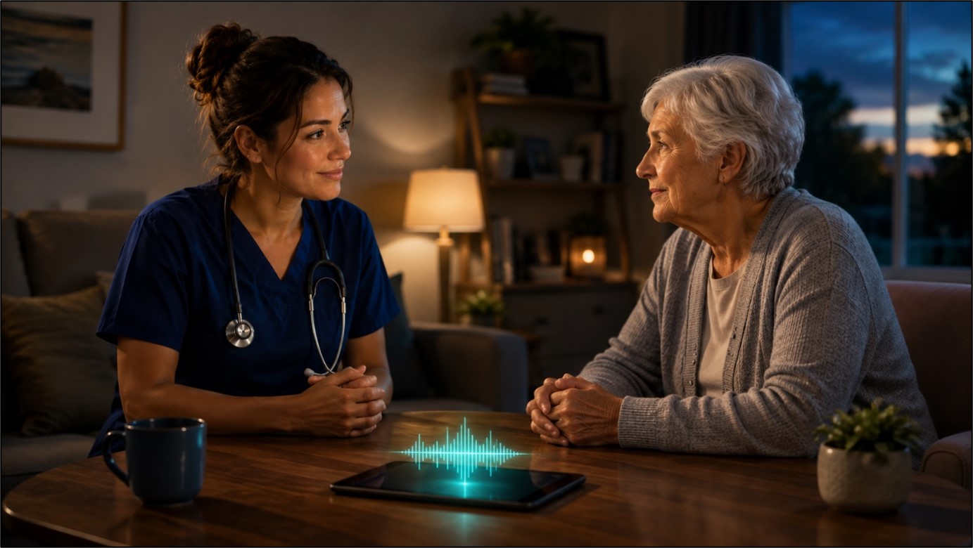 Home health nurse using HIPAA-compliant AI documentation after a patient visit