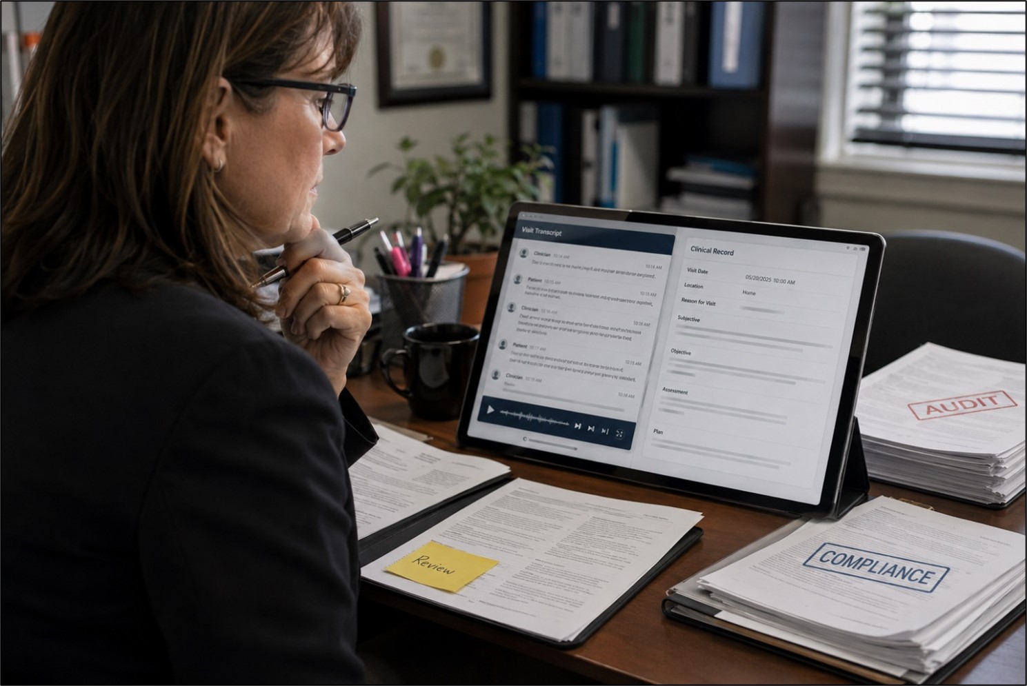Compliance review comparing visit transcript evidence against home health documentation