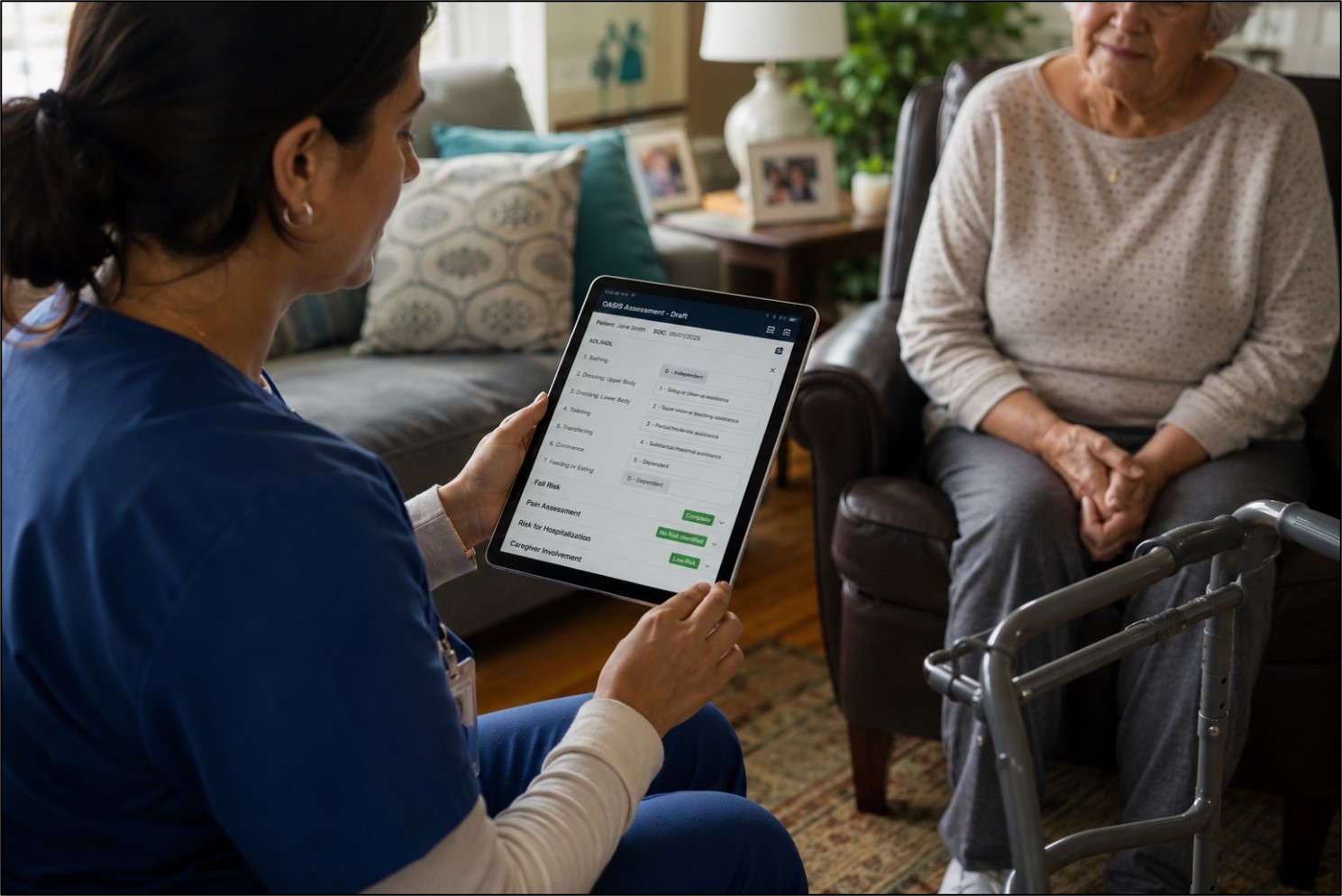 AI OASIS documentation drafting assessment items during a home health visit