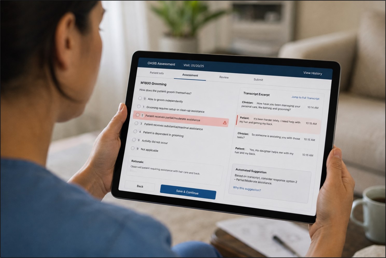 AI flagging an OASIS-E2 discrepancy with transcript evidence at the point of care