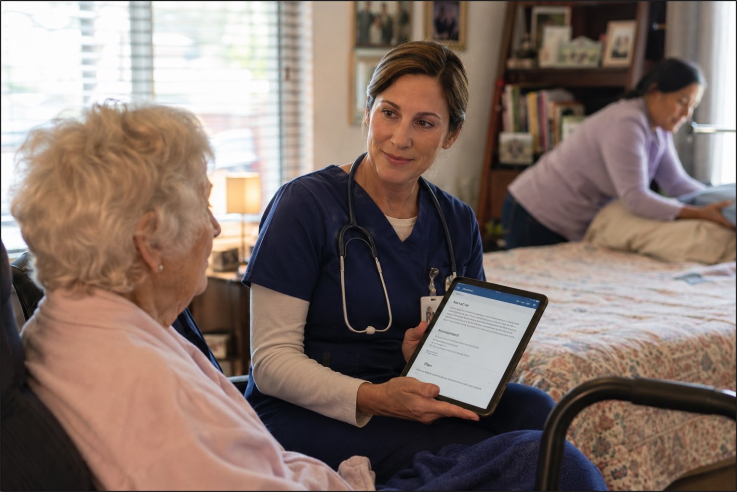 Nurse reviewing AI-drafted documentation at the point of care during a home visit