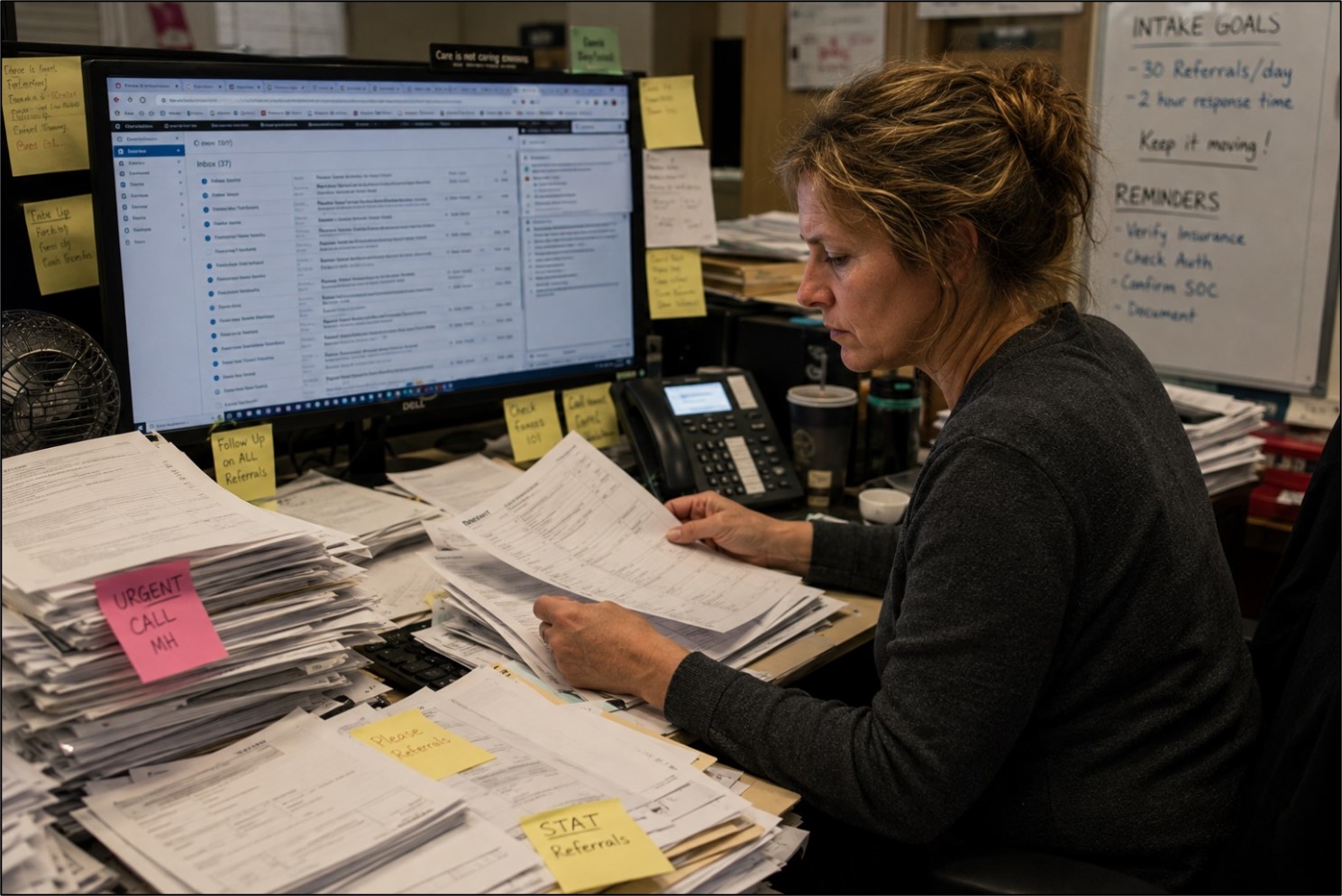 Home health staff manually processing a backlog of referral documents