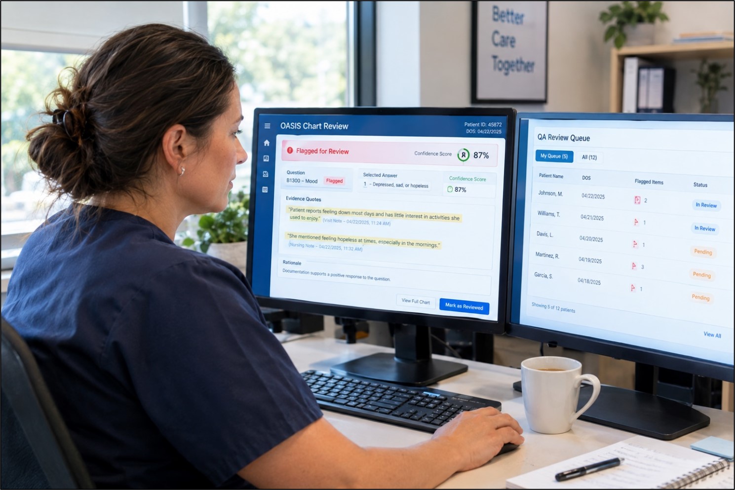 QA nurse reviewing flagged OASIS charts with evidence-based confidence scoring