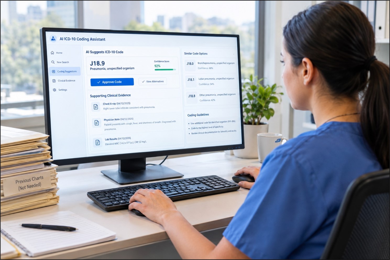 AI coding review validating ICD-10 codes with cited clinical evidence in minutes