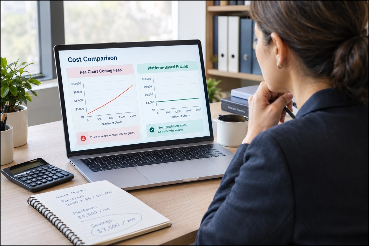 Home health agency comparing per-chart coding costs to flat platform pricing