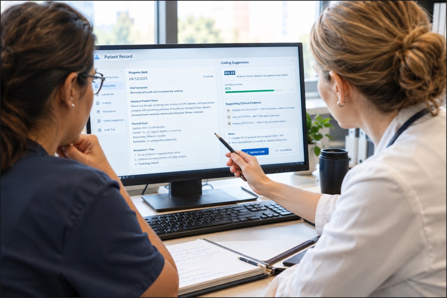 Experienced coder and auditor reviewing a complex home health chart together