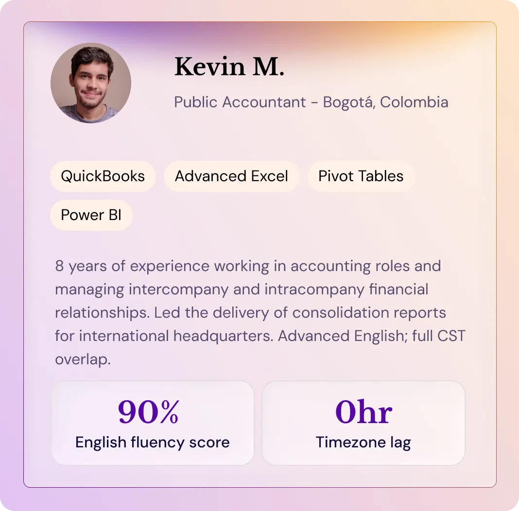 Profile card of Kevin M., Public Accountant from Bogotá with skills in QuickBooks, Excel, Pivot Tables, and Power BI.