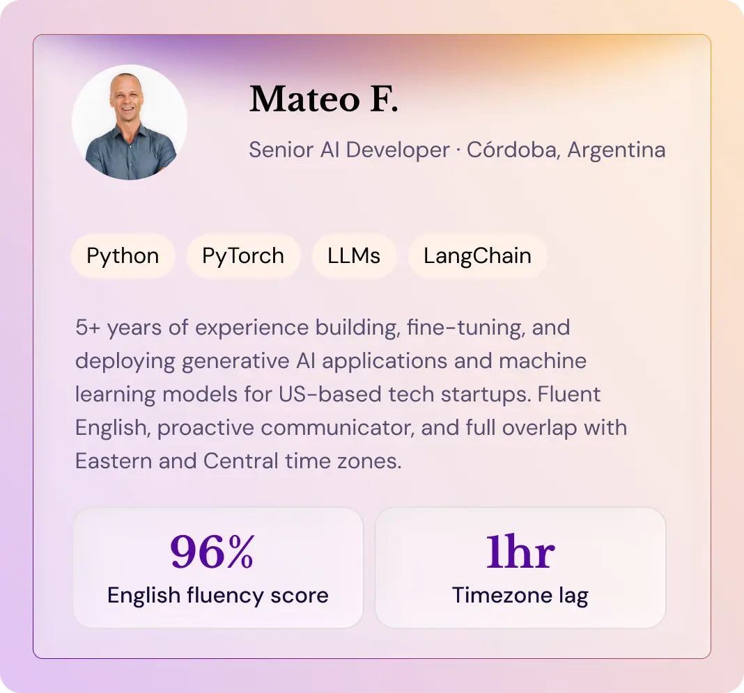 Profile card of Mateo F., Senior AI developer. Cordoba, Argentina with 5 years experience and 96% English fluency score.