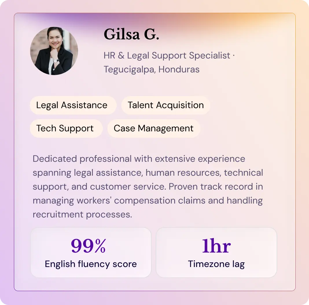 Profile of Gilsa G., HR & Legal Support Specialist from Honduras with 99% English fluency and 1hr timezone lag.