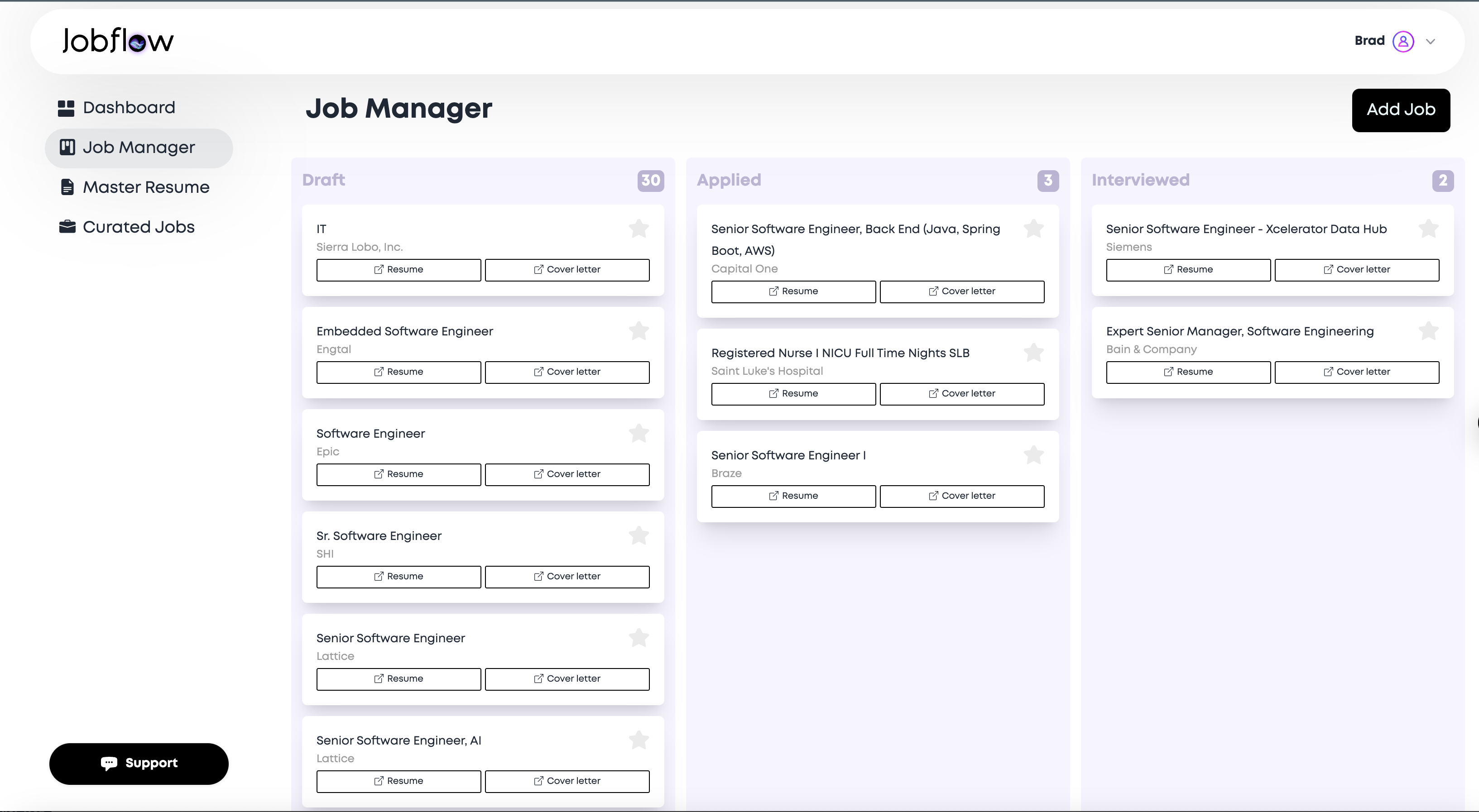 Jobflow Job Manager desktop view to access all tailored documents and corresponding saved job details with columns to track applications.