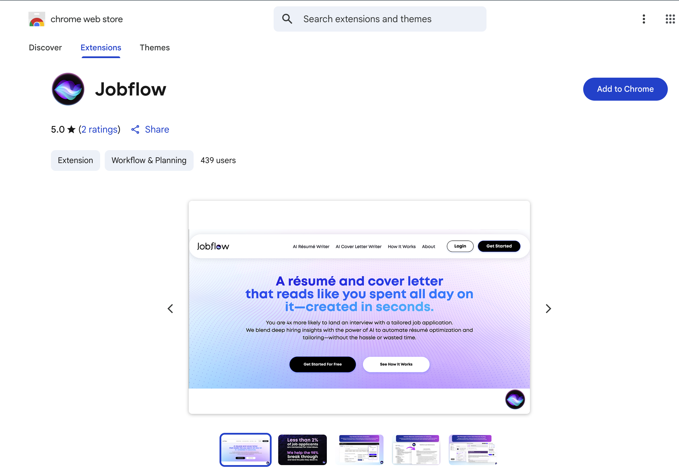 Google Chrome Store page for Jobflow (myjobflow.com), job copilot extension for optimized resumes to match any job while you browse LinkedIn, Indeed, Handshake, or your favorite job site.