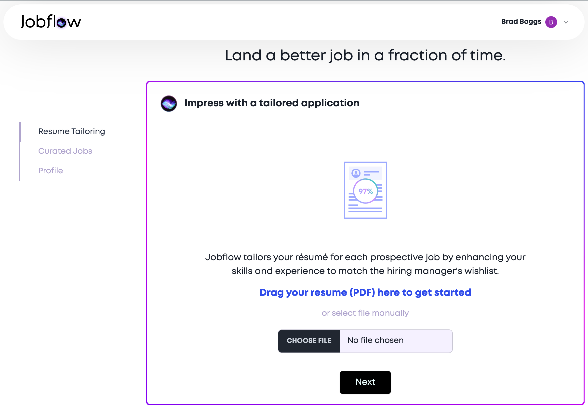 Jobflow onboarding, showing resume upload as Step 1, to help you land a better job in a fraction of the time.