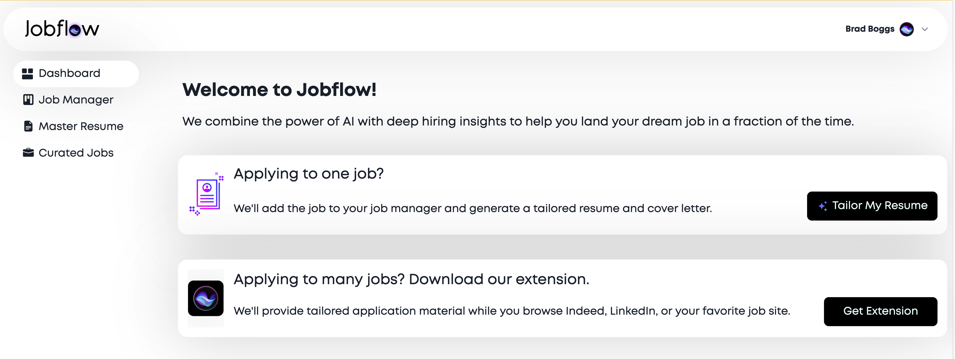 Desktop view of Jobflow's dashboard web application with resume tailoring options