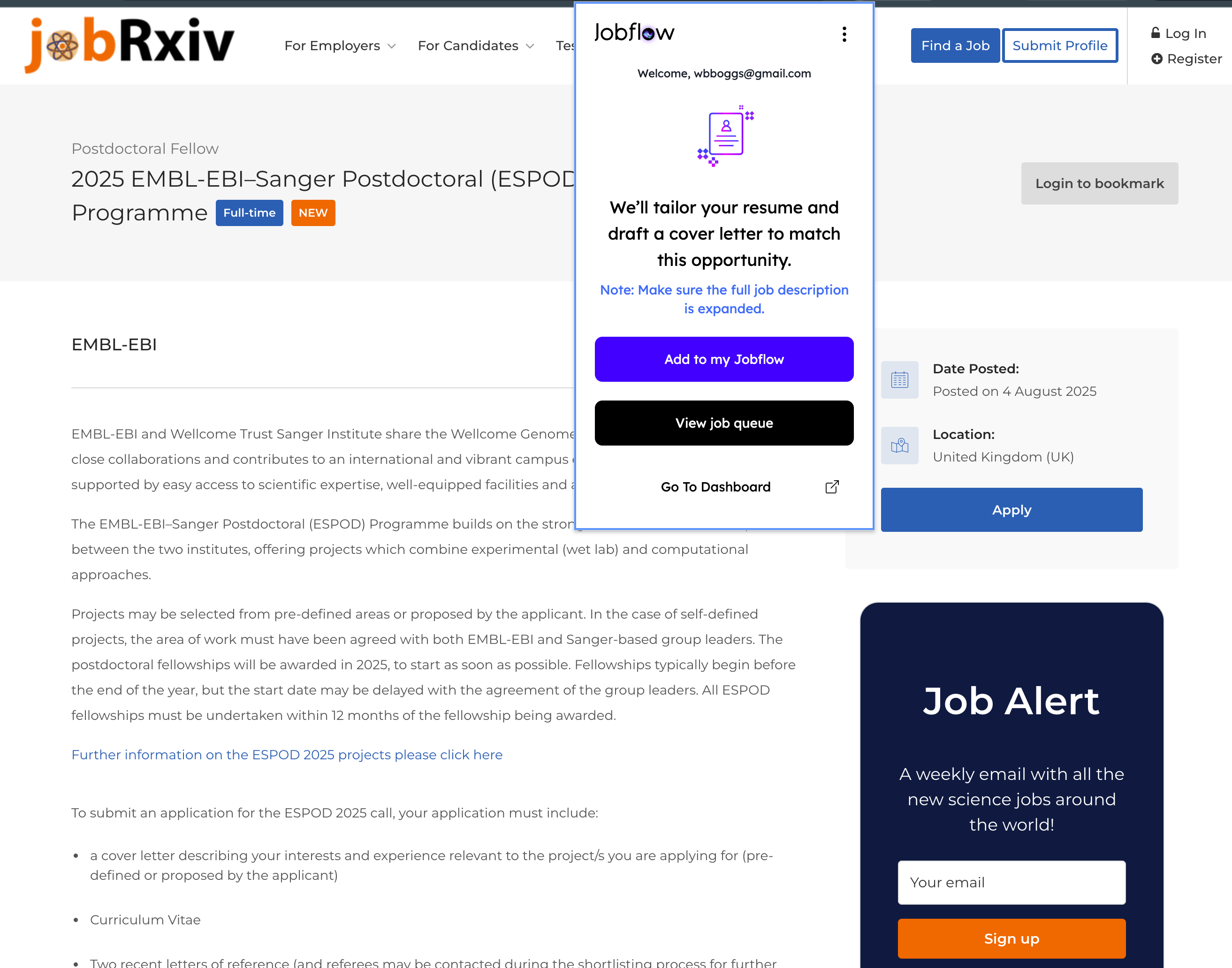 Desktop view of Jobflow working on jobRxiv