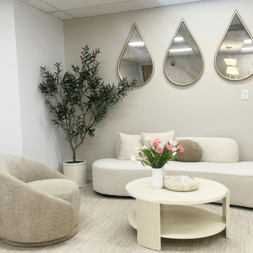 Our cozy waiting room at Drip & Glow