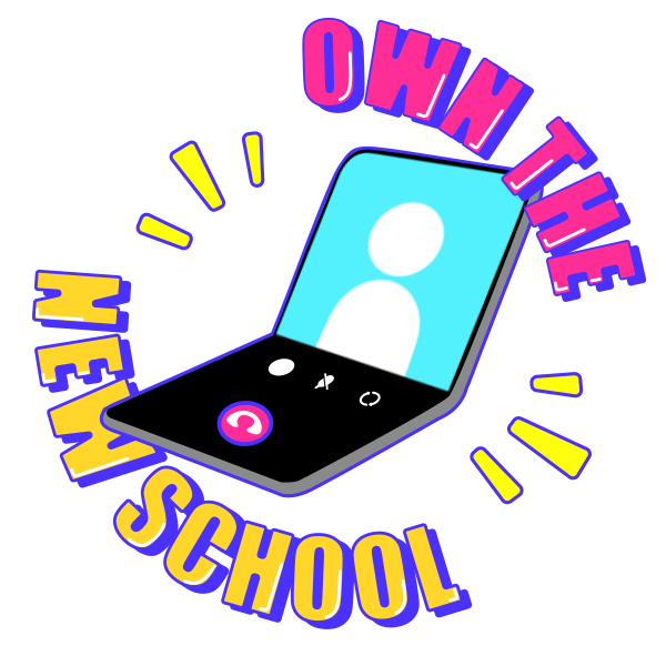 a samsung flip phone flips as a "own the new school" text quickly rotates around it