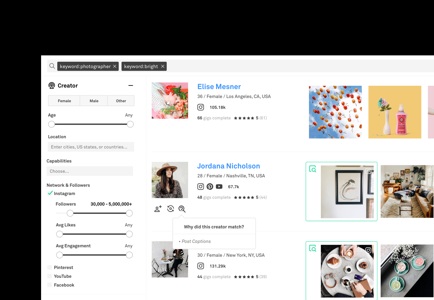 Influencer search tool in Popular Pays