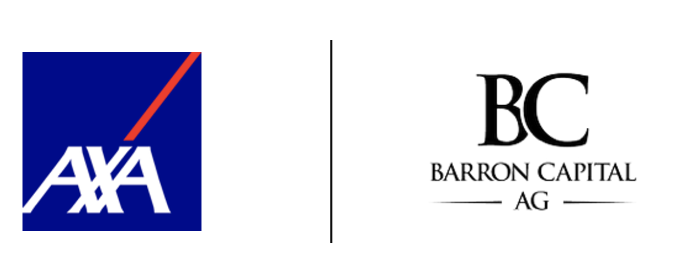 Axa Logo blau links, rechts Barron Capital Logo schwarz