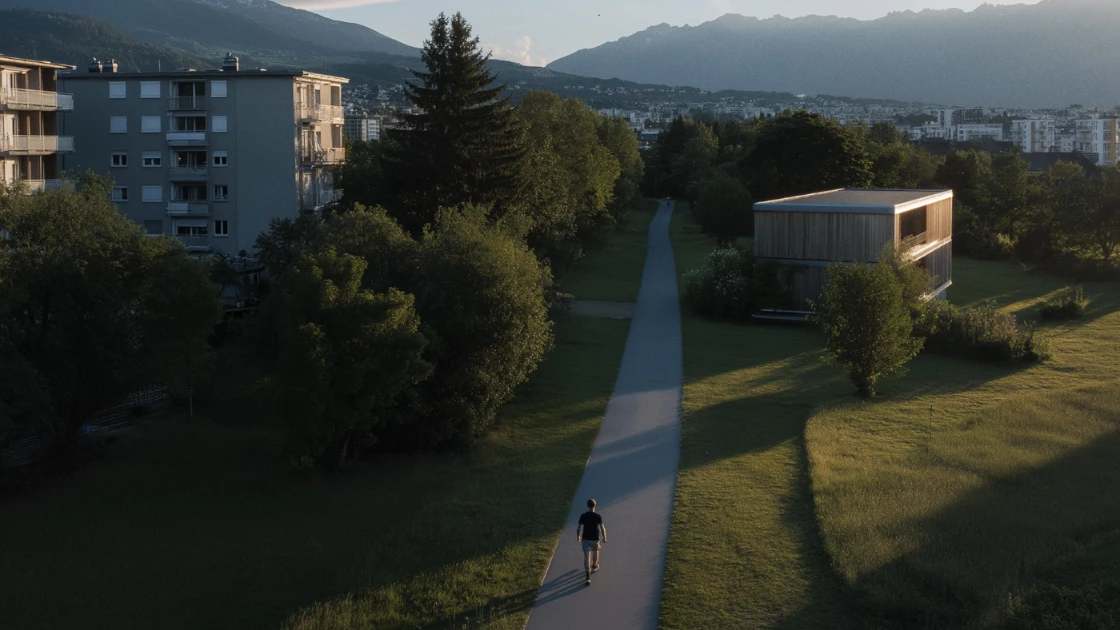 Luftaufnahme eines Spaziergängers auf einem Weg zwischen einem modernen Einfamilienhaus und älteren Mehrfamilienhäusern – Symbol für den Weg vom Mieten zum Eigenheim in der Schweiz, mit Bergen im Hintergrund.