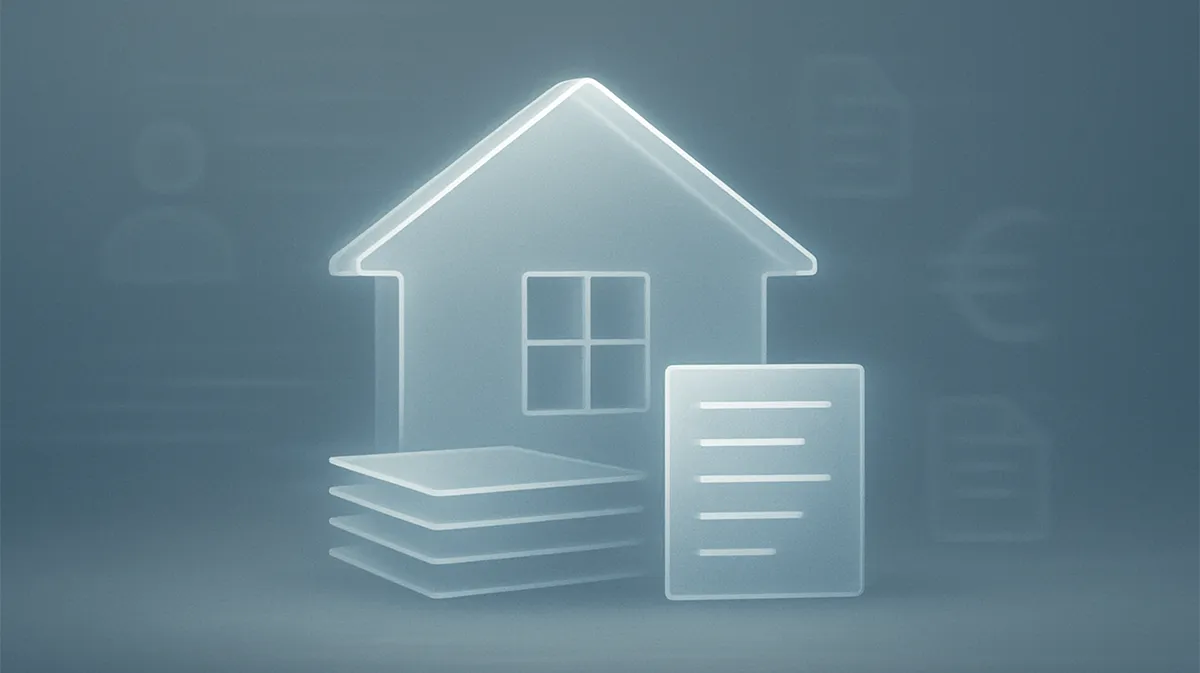 Haus in der Mitte mit einem Dokumentenstapel