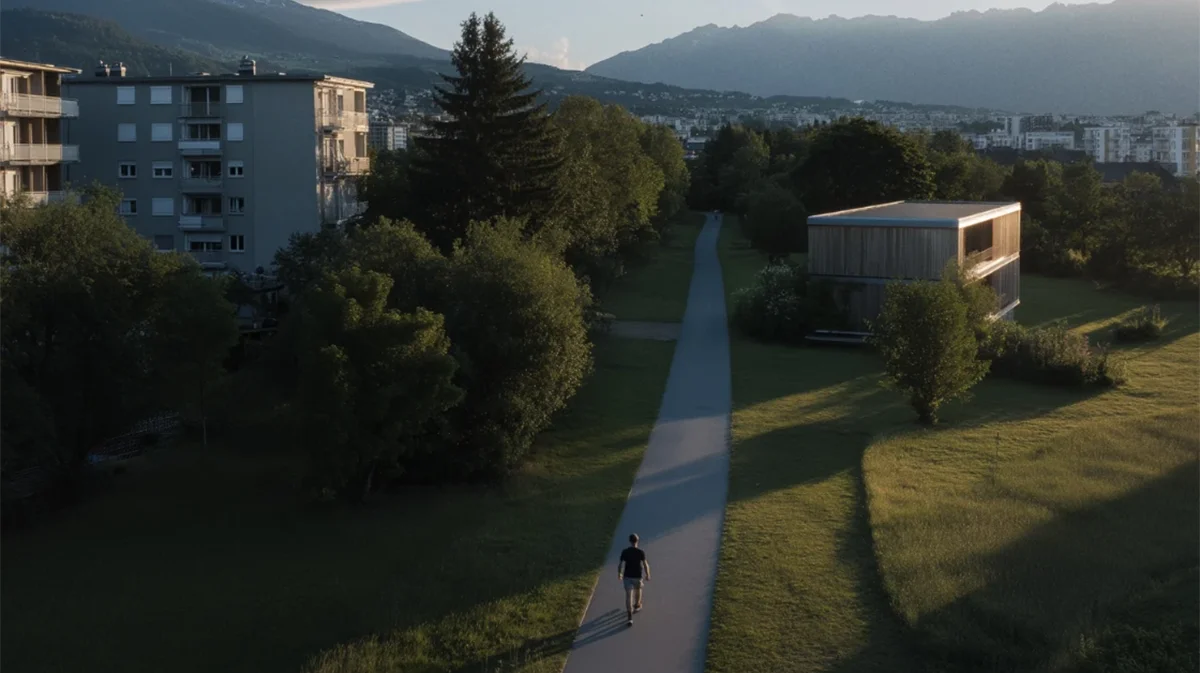 Alte Wohnungen auf der linken Seite, neues Haus auf der rechten Seite