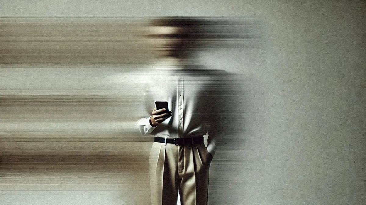 Mann mit Handy verschwommen in der Mitte