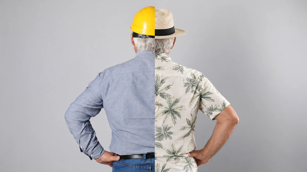 Mann links mit Helm noch am arbeiten, rechts bereits in den Ferien