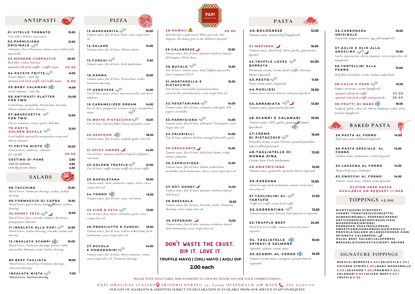 Preview of the English menu at ORIGINAL PAPI Italian restaurant in Offenbach