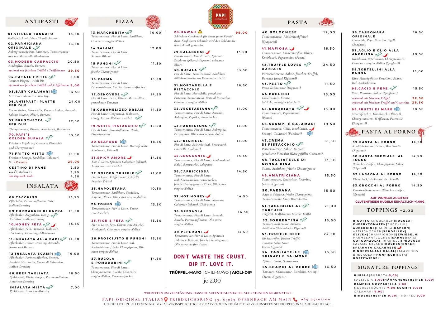 Preview of the German menu at ORIGINAL PAPI, a pizzeria in Offenbach