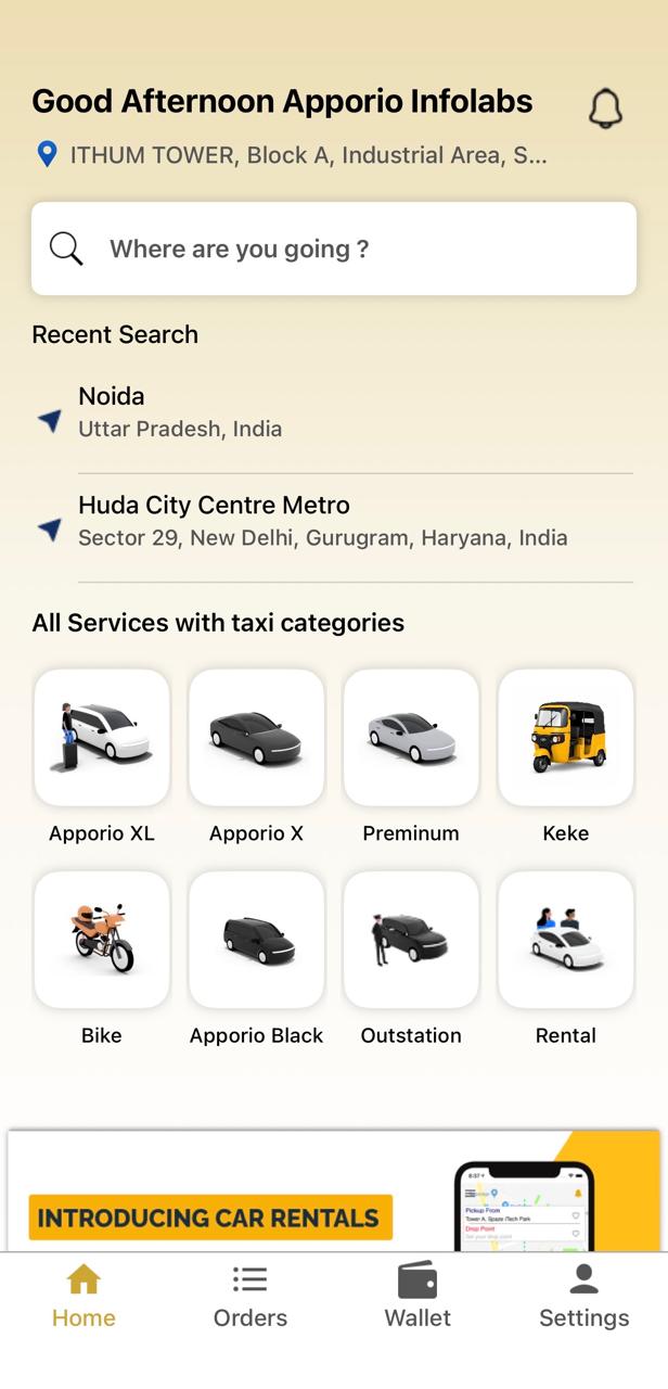 Rider app step 1 - home screen with taxi categories