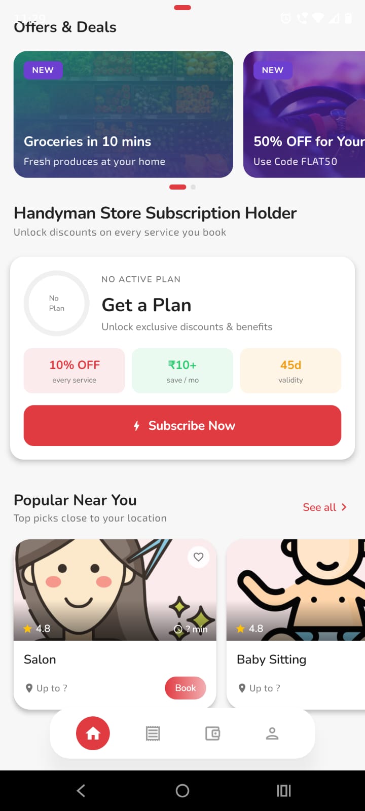 Customer app handyman and restaurant services grid