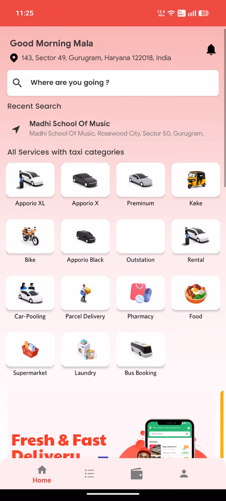 Gojek clone app home screen