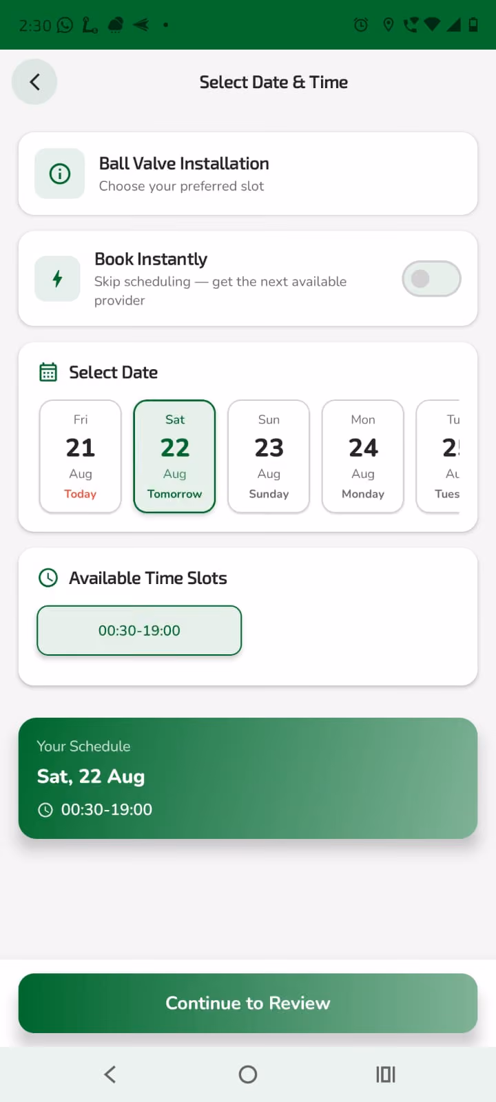 Select date and time scheduling screen
