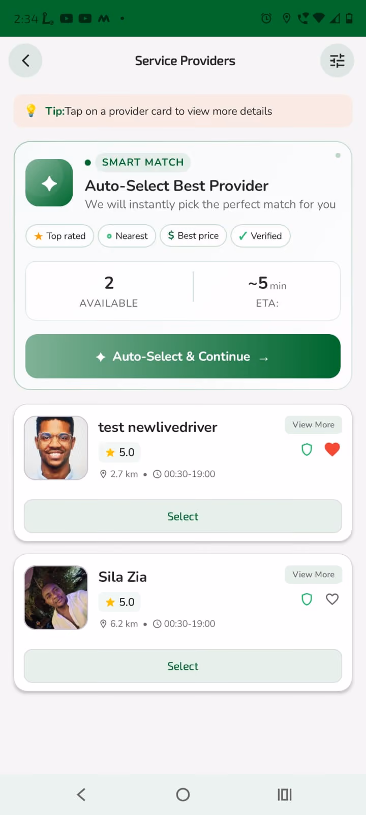 Smart provider match screen