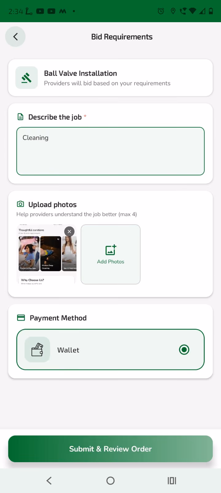 Bid requirements screen