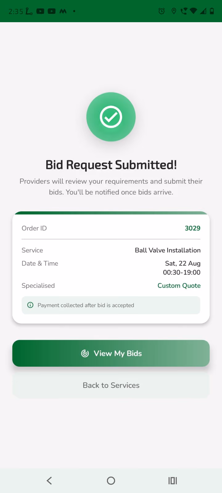 Bid request submitted confirmation screen
