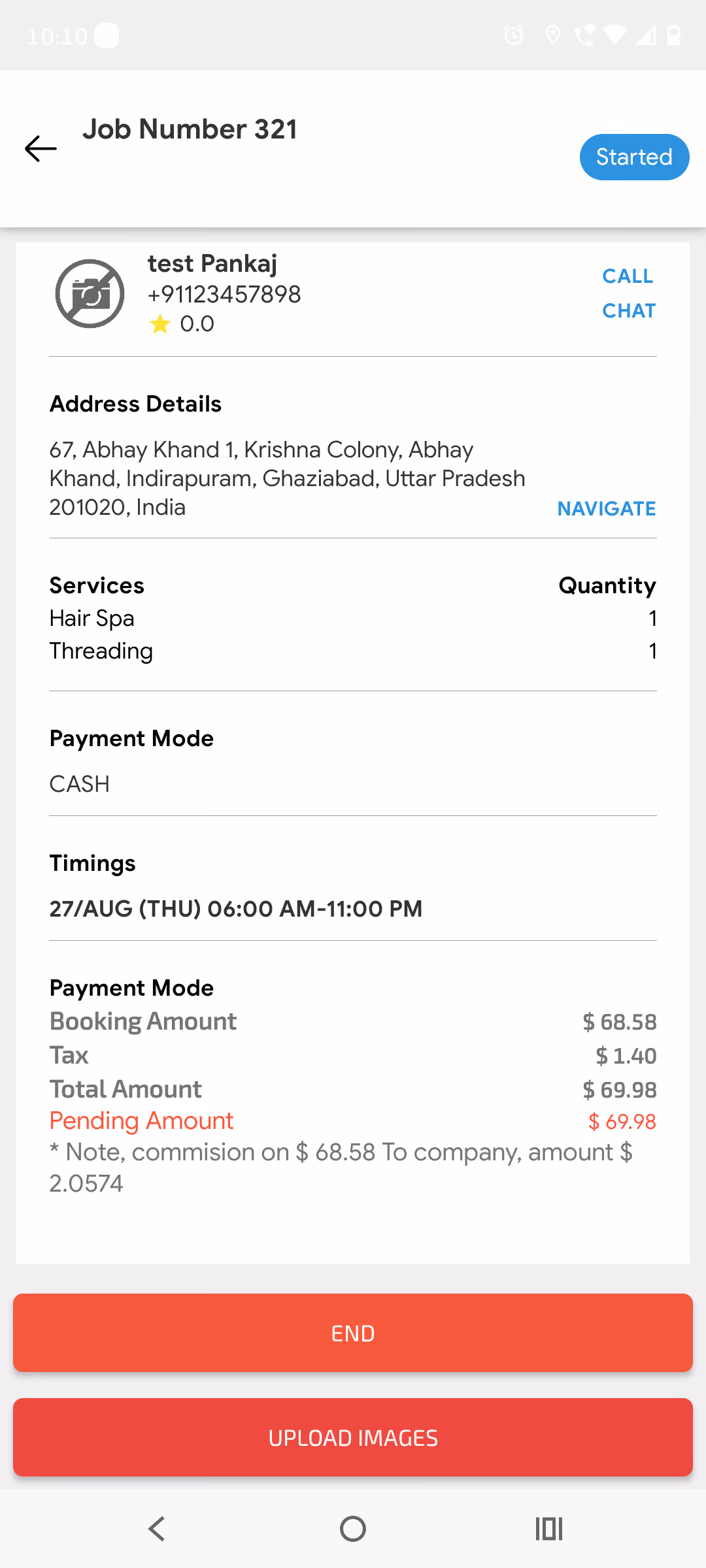 Job in progress with end and upload images options