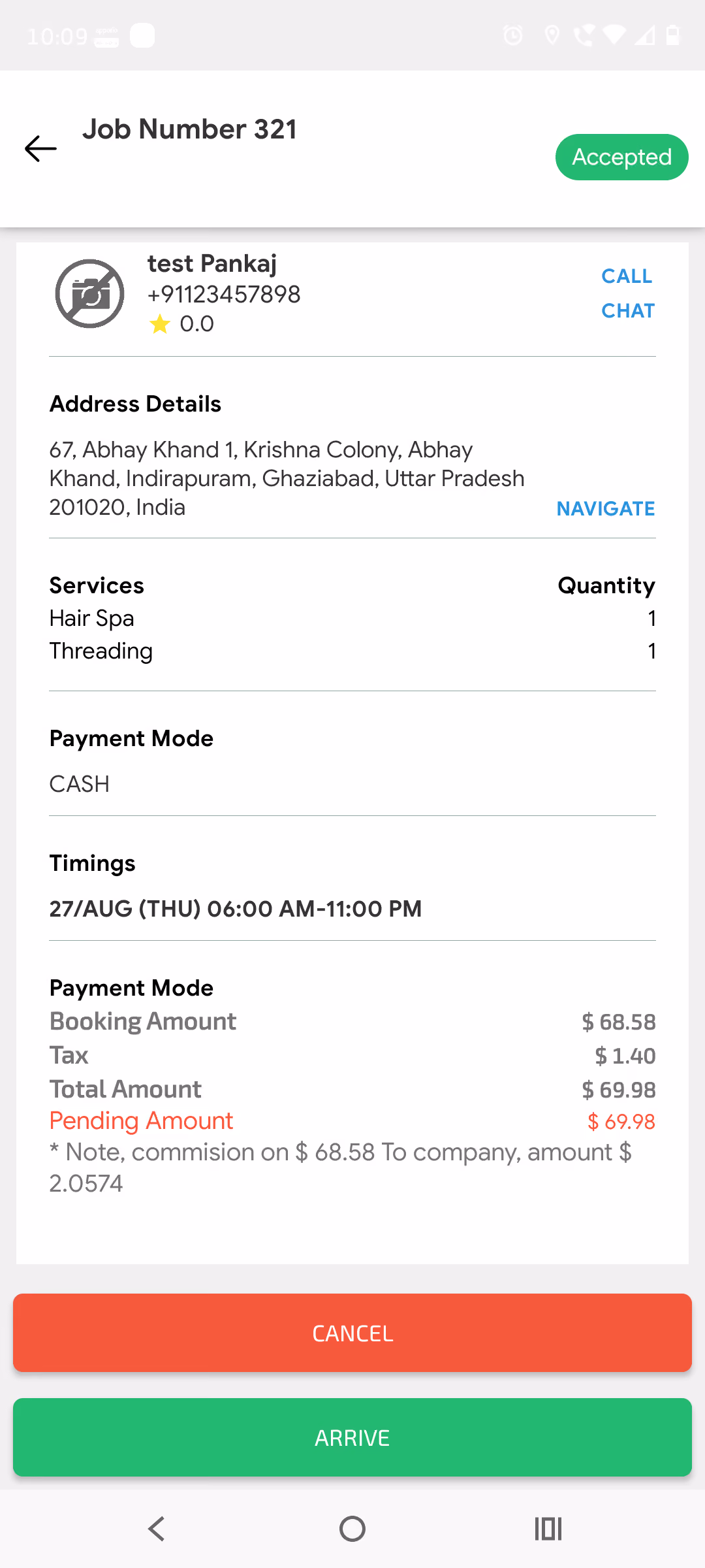 Accepted job with cancel or arrive options