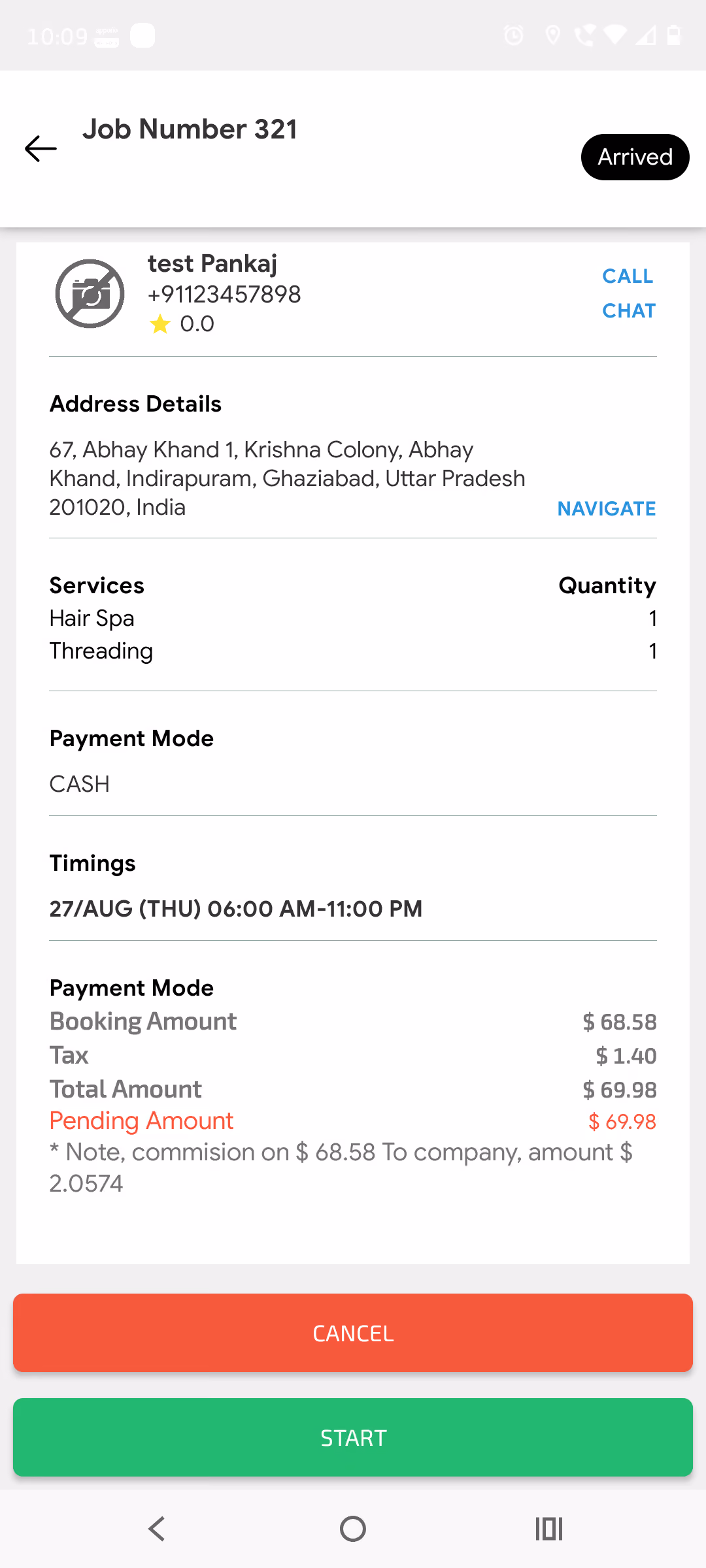 Arrived at job with cancel or start options