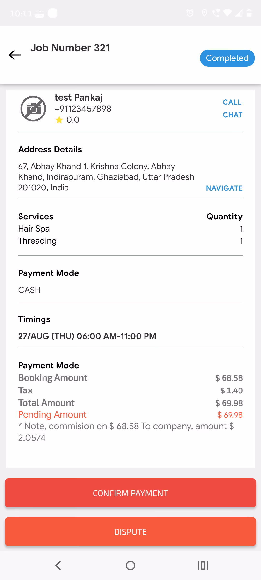 Completed job with confirm payment or dispute options